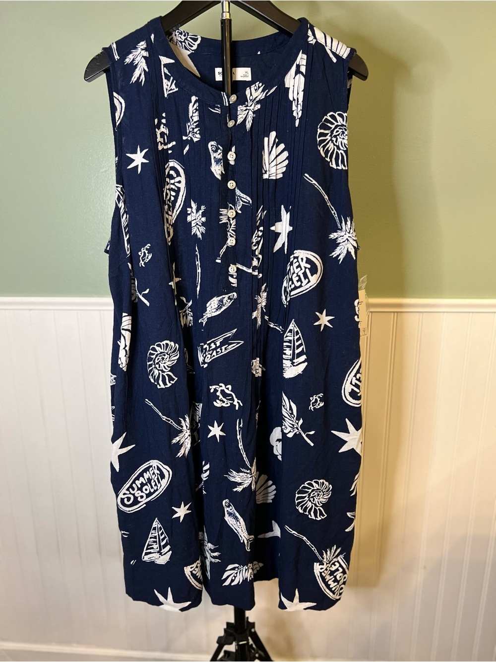 NEW- Sonoma Navy and White Sleeveless Midi Dress with Nautical Print. Size XL